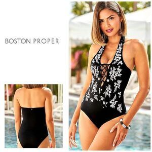 New. Boston Proper black embroidered one piece. XL